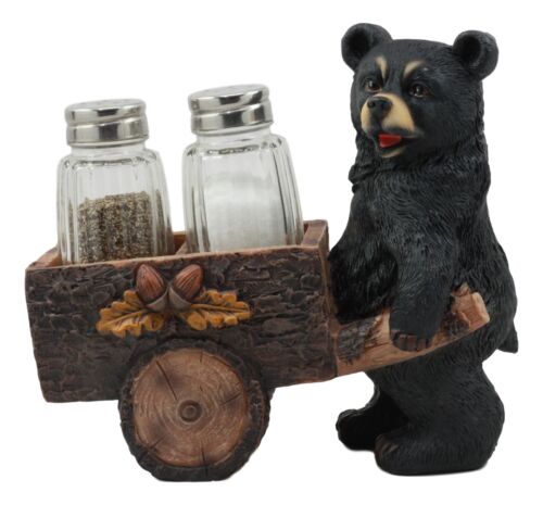 Ebros Gift Ebros Black Bear Pushing Vintage Wagon Cart Salt And Pepper Shakers Holder Set