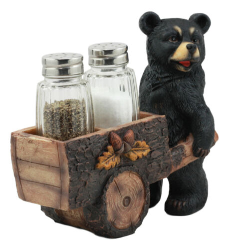 Ebros Gift Ebros Black Bear Pushing Vintage Wagon Cart Salt And Pepper Shakers Holder Set