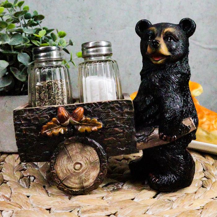 ebros gift Ebros Black Bear Pushing Vintage Wagon Cart Salt And Pepper Shakers Holder Set