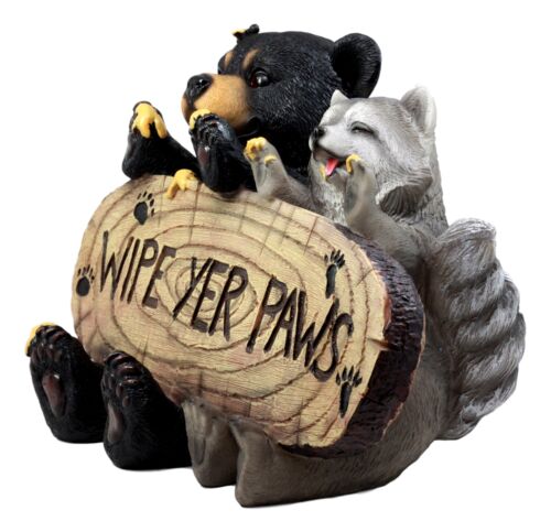 Ebros Gift Ebros Black Bear & Raccoon Statue Wipe Your Paws Greeter Welcome Sign Home Decor