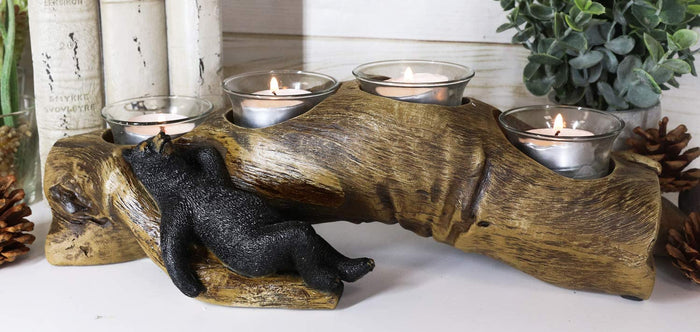 Ebros Gift Ebros Black Bear Sleeping On A Log With 4 Votive Candles Holder Stand 12"L