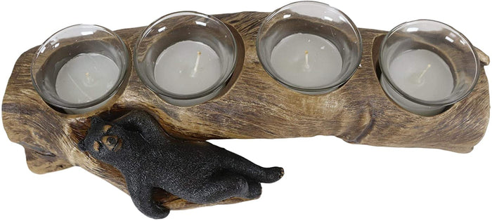 Ebros Gift Ebros Black Bear Sleeping On A Log With 4 Votive Candles Holder Stand 12"L