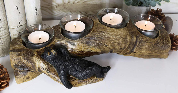 ebros gift Ebros Black Bear Sleeping On A Log with 4 Votive Candles Holder Stand 12"L