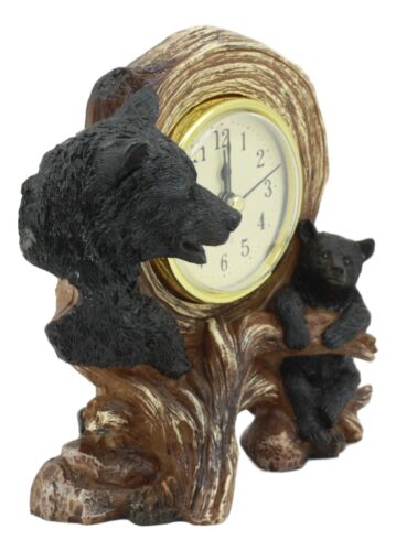 Ebros Gift Ebros Black Bear Table Clock Mother Bear And Cub On Branch Desktop Clock Figurine 5.5" Tall