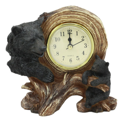 ebros gift Ebros Black Bear Table Clock Mother Bear and Cub On Branch Desktop Clock Figurine 5.5" Tall