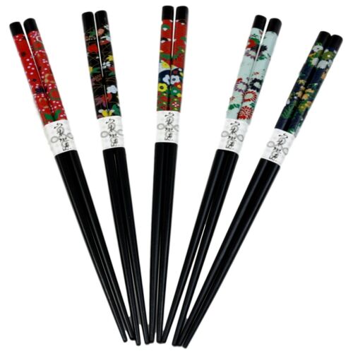 Ebros Gift Ebros Black Lacquered Japanese Sakura & Floral Blossoms Set Of 5 Chopsticks Set Asian