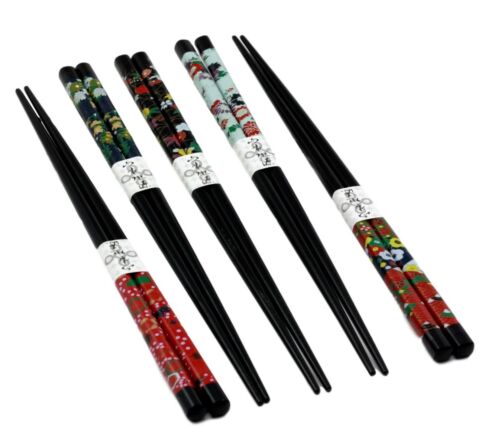Ebros Gift Ebros Black Lacquered Japanese Sakura & Floral Blossoms Set Of 5 Chopsticks Set Asian