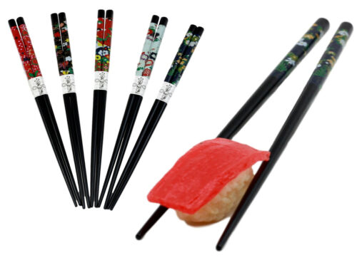 ebros gift Ebros Black Lacquered Japanese Sakura & Floral Blossoms Set of 5 Chopsticks Set Asian