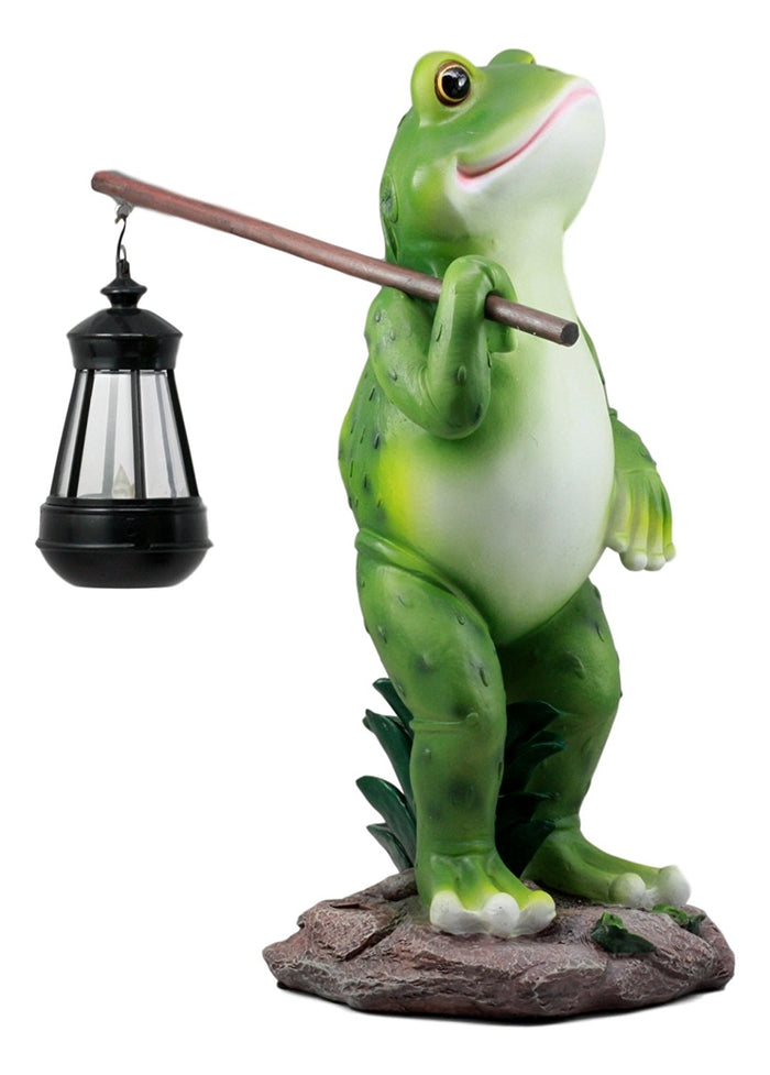 Ebros Gift Ebros Blue Bayou Trails Hiking Frog Statue Holding Rod With Solar Powered Lantern LED