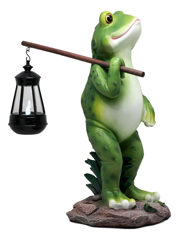 Ebros Gift Ebros Blue Bayou Trails Hiking Frog Statue Holding Rod With Solar Powered Lantern LED