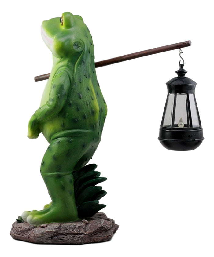 Ebros Gift Ebros Blue Bayou Trails Hiking Frog Statue Holding Rod With Solar Powered Lantern LED