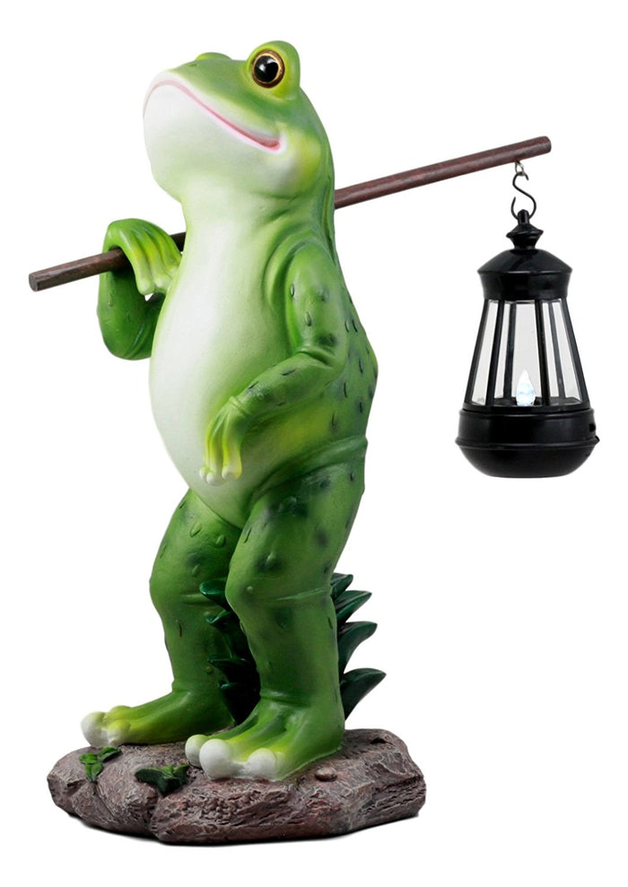 ebros gift Ebros Blue Bayou Trails Hiking Frog Statue Holding Rod With Solar Powered Lantern LED