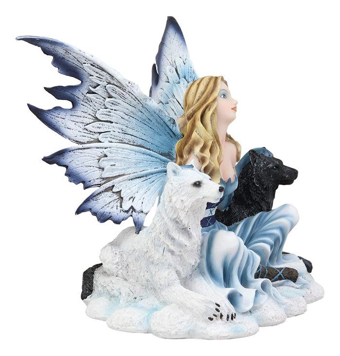 Ebros Gift Ebros Blue Frozen Fairy Embracing Black And White Direwolves Statue 9" Long Fantasy FAE Pixie With Wolves In Snow Woodlands Tundra Scenery Figurine Decor Of Wolf Timberwolf Fantasy Magic Nymph