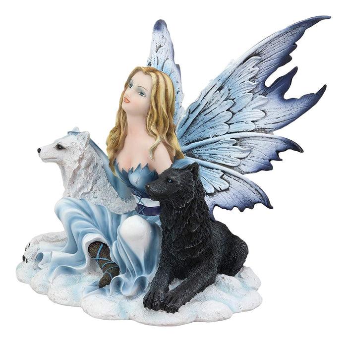 Ebros Gift Ebros Blue Frozen Fairy Embracing Black And White Direwolves Statue 9" Long Fantasy FAE Pixie With Wolves In Snow Woodlands Tundra Scenery Figurine Decor Of Wolf Timberwolf Fantasy Magic Nymph