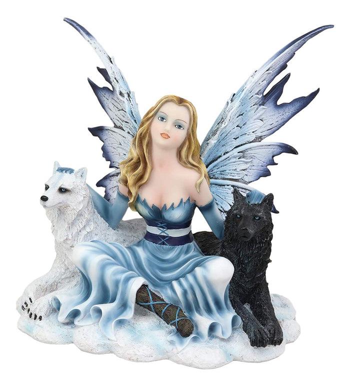 ebros gift Ebros Blue Frozen Fairy Embracing Black and White Direwolves Statue 9" Long Fantasy FAE Pixie with Wolves in Snow Woodlands Tundra Scenery Figurine Decor of Wolf Timberwolf Fantasy Magic Nymph