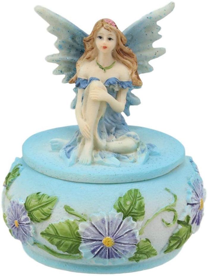 Ebros Gift Ebros Blue Lily Flora Fairy Garden Fae Small Round Trinket Jewelry Box Figurine 3.25"H