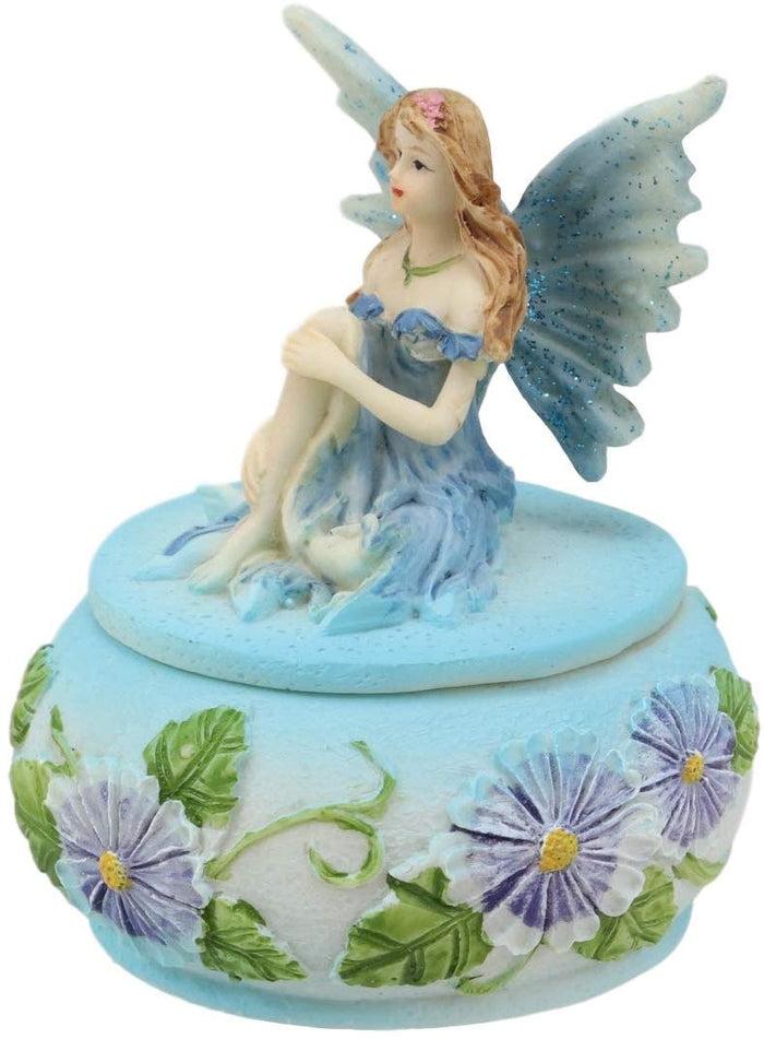 Ebros Gift Ebros Blue Lily Flora Fairy Garden Fae Small Round Trinket Jewelry Box Figurine 3.25"H