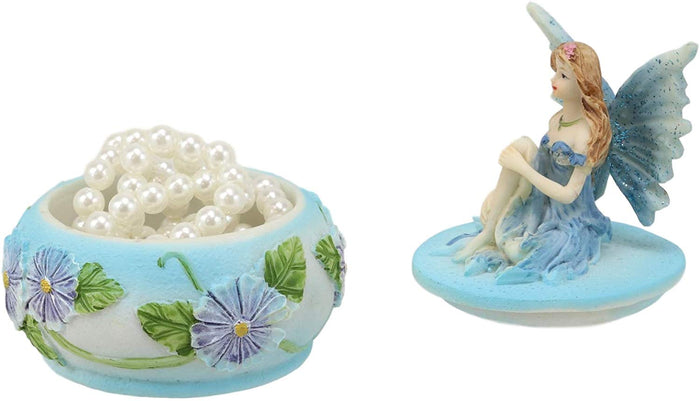 Ebros Gift Ebros Blue Lily Flora Fairy Garden Fae Small Round Trinket Jewelry Box Figurine 3.25"H