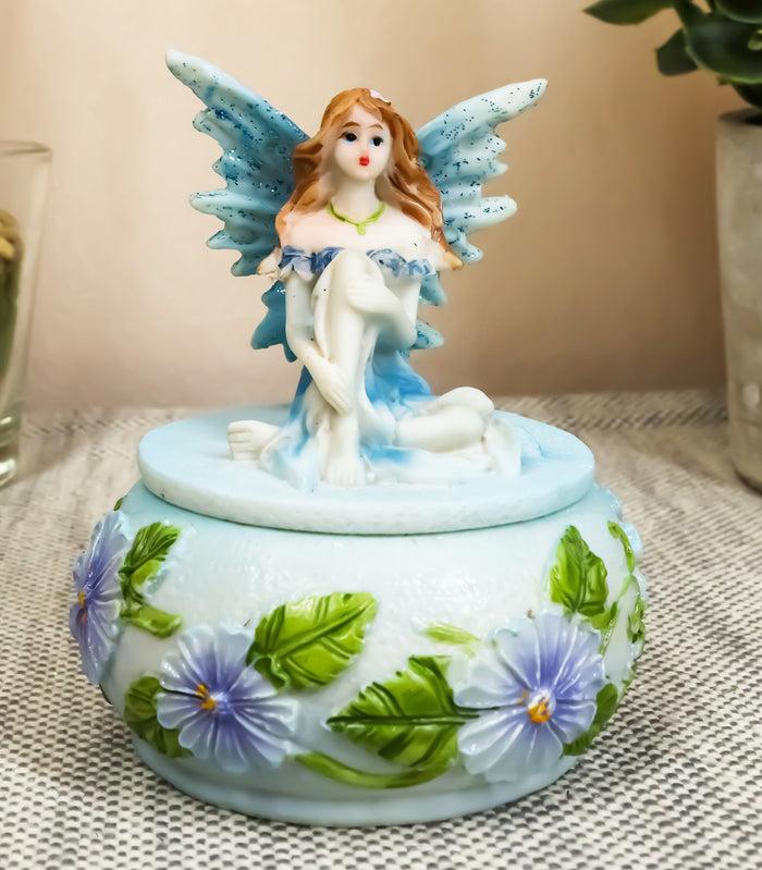 ebros gift Ebros Blue Lily Flora Fairy Garden Fae Small Round Trinket Jewelry Box Figurine 3.25"H
