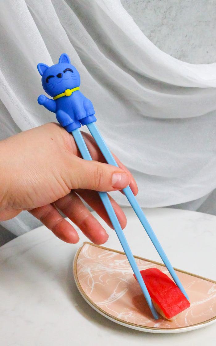 ebros gift Ebros Blue Maneki Neko Cat Reusable Training Chopsticks Set With Silicone Helper