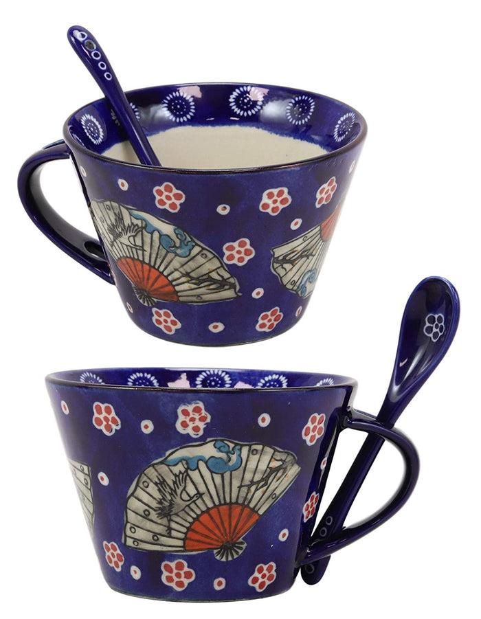 ebros gift Ebros Blue Oriental Fan Porcelain Coffee Mug With Spoon 2pc Set 12oz PACK OF 2