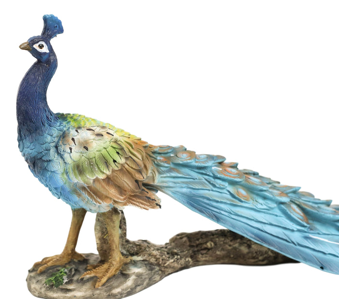 Ebros Gift Ebros Blue Peacock With Beautiful Train Feathers Decorative Statue 14" Long