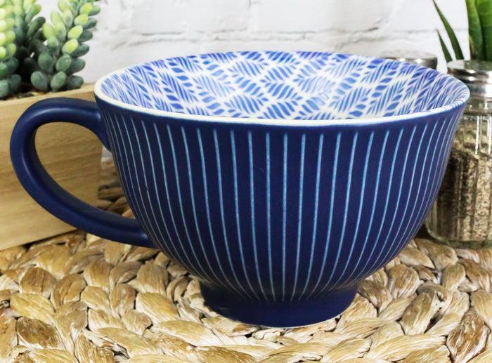 ebros gift Ebros Blue Vintage Victorian Botanic Floral Design Large Porcelain 19oz 5.25" Diameter Mug Cup With Handle (Palm Leaves 1)