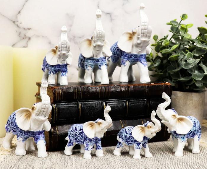 Ebros Gift Ebros Blue White Feng Shui Miniature Thai Buddhism Elephants With Trunks Up Set Of 7