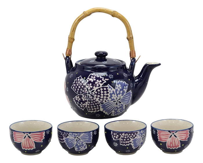 Ebros Gift Ebros Blue Winter Frost Colorful Large Floral Blooms 25oz Tea Pot With 4 Cups Set