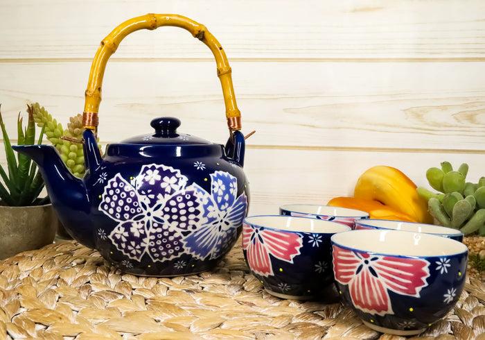 ebros gift Ebros Blue Winter Frost Colorful Large Floral Blooms 25oz Tea Pot With 4 Cups Set
