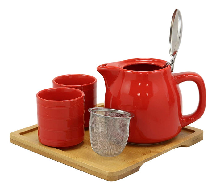 Ebros Gift Ebros Bright Red Contemporary Ceramic 20oz Tea Pot With 2 Cups And Bamboo Tray Set