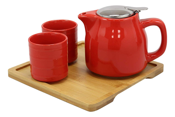 Ebros Gift Ebros Bright Red Contemporary Ceramic 20oz Tea Pot With 2 Cups And Bamboo Tray Set