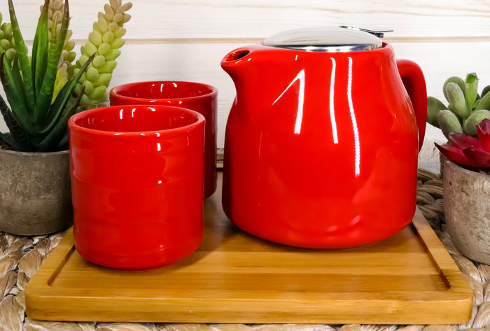 ebros gift Ebros Bright Red Contemporary Ceramic 20oz Tea Pot With 2 Cups And Bamboo Tray Set