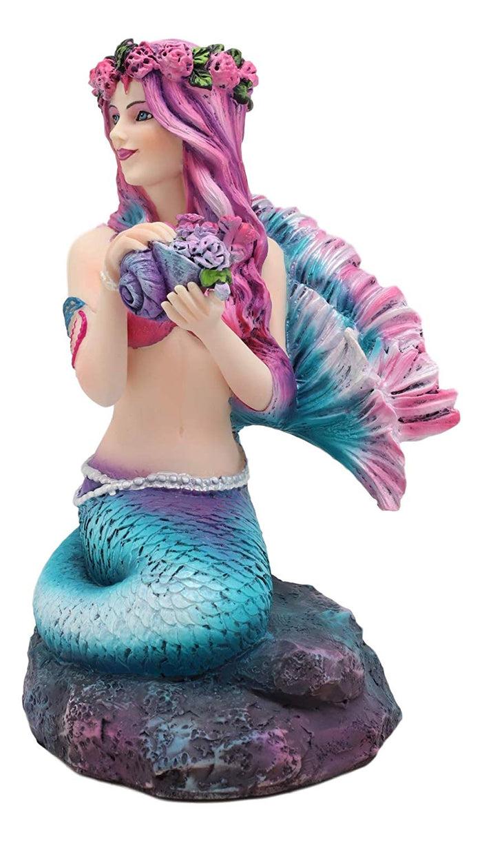 Ebros Gift Ebros Brigid Ashwood Mermaid Ocean Spring Flowers Holding Conch Statue 6.25" H