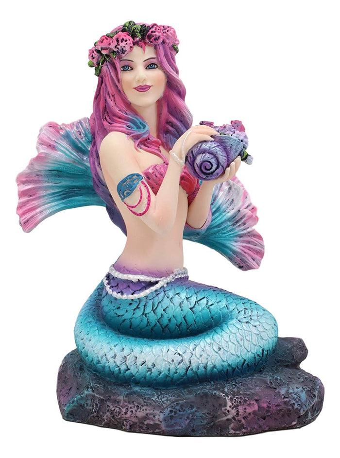 Ebros Gift Ebros Brigid Ashwood Mermaid Ocean Spring Flowers Holding Conch Statue 6.25" H