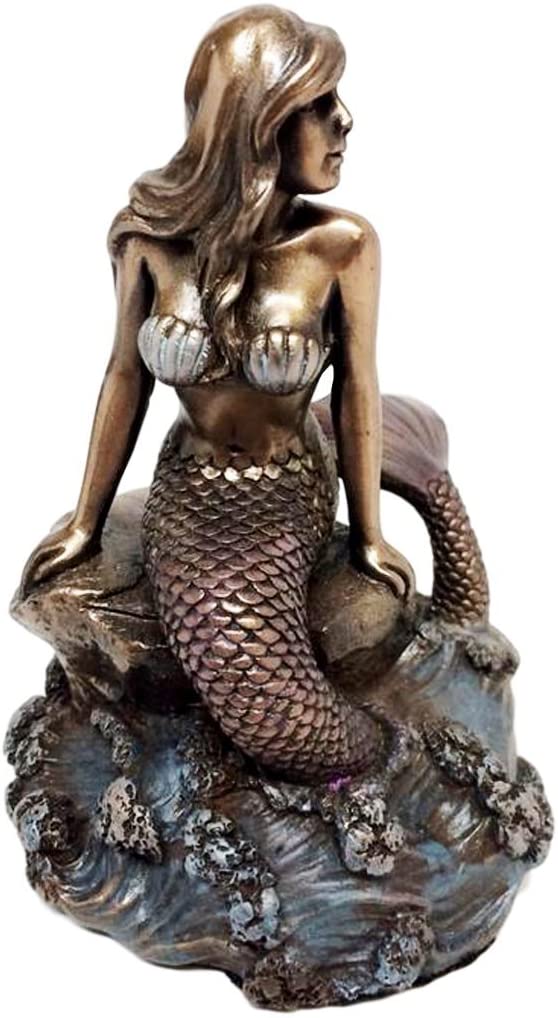 Ebros Gift Ebros Bronze Mermaid Sitting On Rock On Sea Surface Wave Pool Figurine 4.25"H