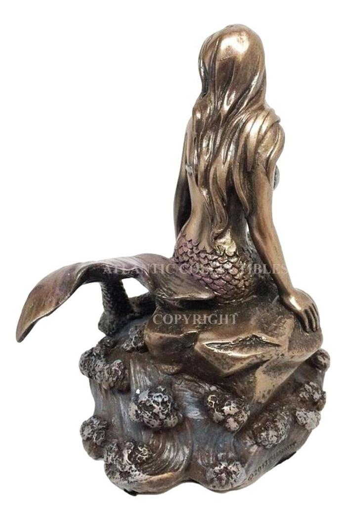 Ebros Gift Ebros Bronze Mermaid Sitting On Rock On Sea Surface Wave Pool Figurine 4.25"H