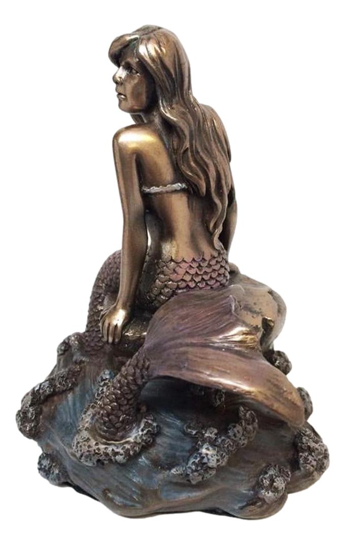 Ebros Gift Ebros Bronze Mermaid Sitting On Rock On Sea Surface Wave Pool Figurine 4.25"H