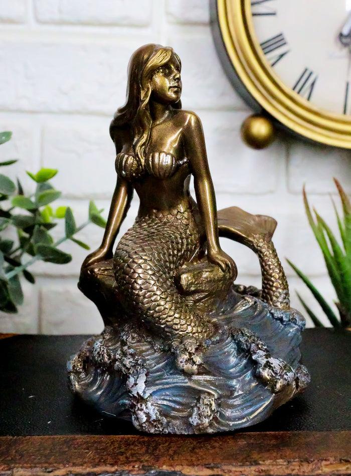 ebros gift Ebros Bronze Mermaid Sitting On Rock On Sea Surface Wave Pool Figurine 4.25"H