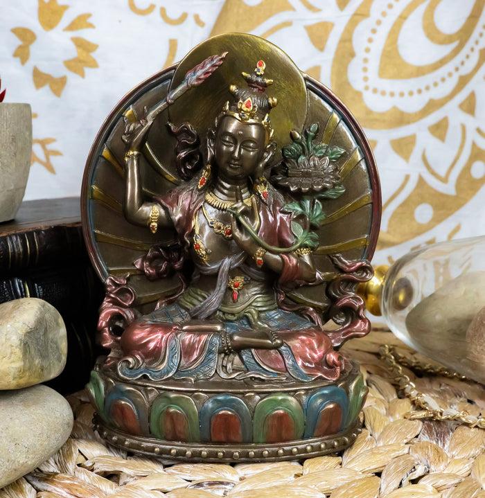 ebros gift Ebros Bronze Patina Buddha Bodhisattva Manjushri Sitting On Lotus Throne Statue 6.25" Tall