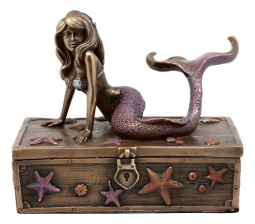 Ebros Gift Ebros Bronzed Resin Mermaid Ariel Resting Jewelry Trinket Decorative Box 5" L