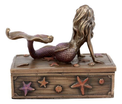 Ebros Gift Ebros Bronzed Resin Mermaid Ariel Resting Jewelry Trinket Decorative Box 5" L