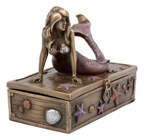 Ebros Gift Ebros Bronzed Resin Mermaid Ariel Resting Jewelry Trinket Decorative Box 5" L