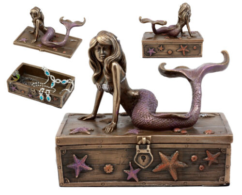 ebros gift Ebros Bronzed Resin Mermaid Ariel Resting Jewelry Trinket Decorative Box 5" L