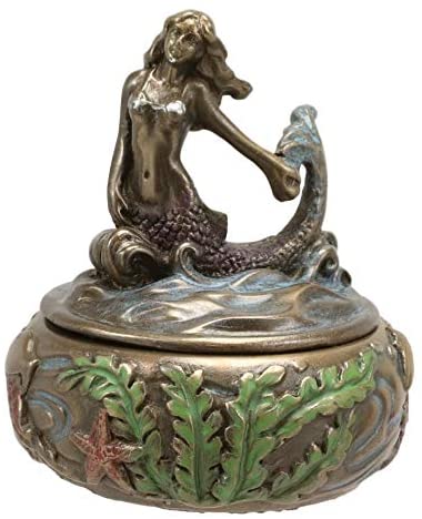 Ebros Gift Ebros Bronzed Resin Mermaid Sitting Above Ocean Waves Small Round Trinket Box