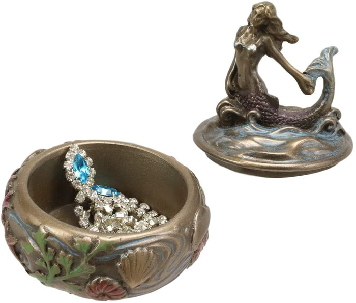 Ebros Gift Ebros Bronzed Resin Mermaid Sitting Above Ocean Waves Small Round Trinket Box
