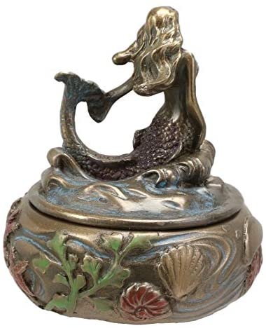 Ebros Gift Ebros Bronzed Resin Mermaid Sitting Above Ocean Waves Small Round Trinket Box