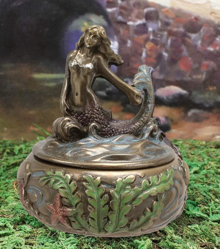 ebros gift Ebros Bronzed Resin Mermaid Sitting Above Ocean Waves Small Round Trinket Box