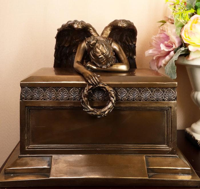 ebros gift Ebros Bronzed Weeping Angel Holding Wreath Jewelry Box Small Urn Figurine 6"Long