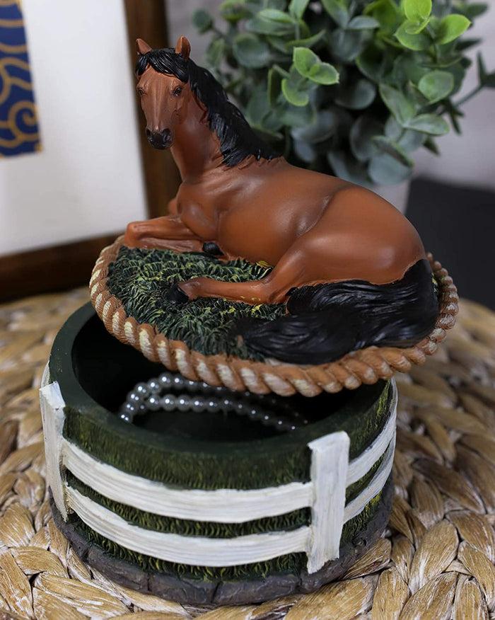 ebros gift Ebros Brown Stallion Horse At Rest Round Jewelry Trinket Decorative Box 5.25"H